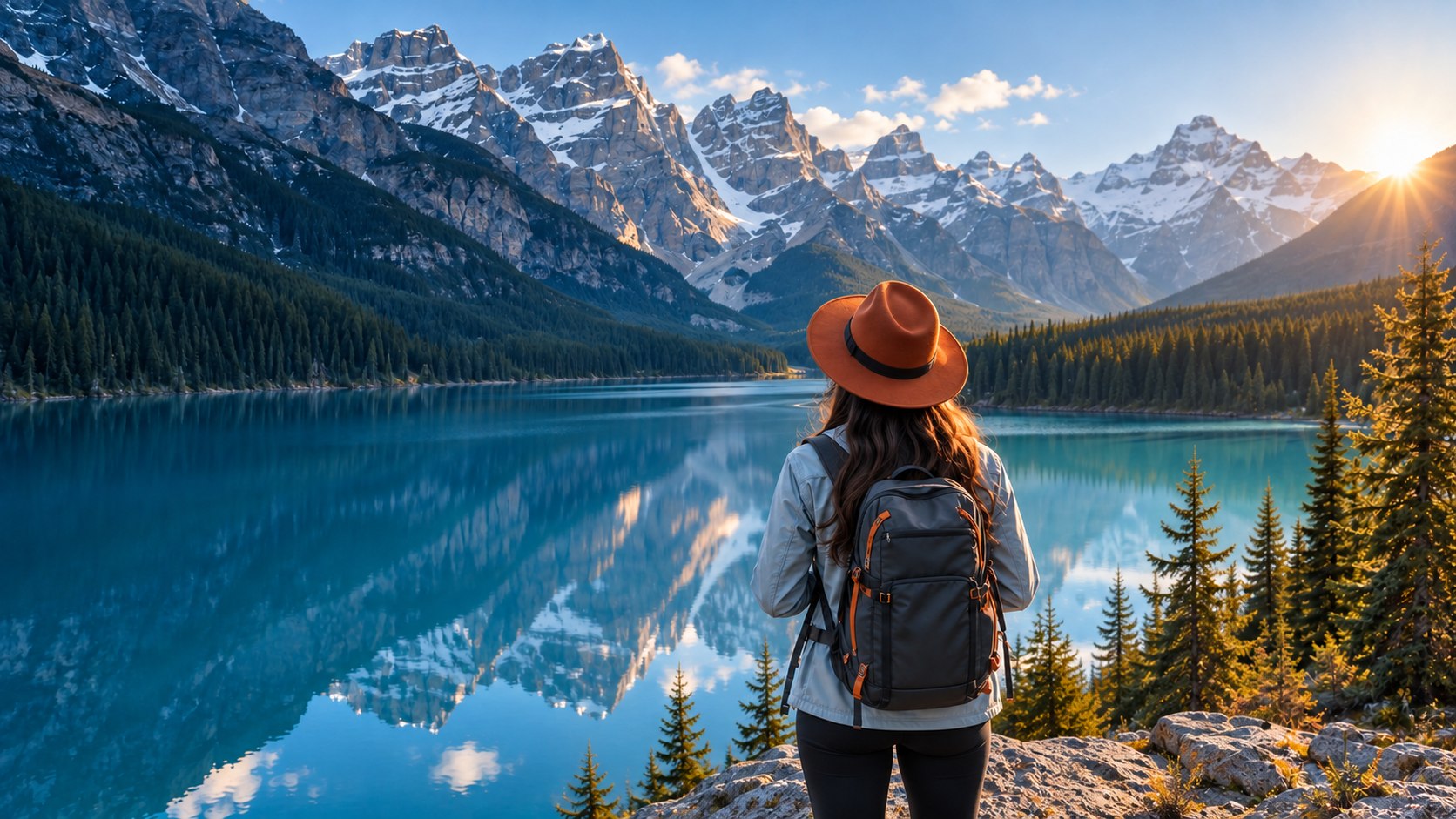 A traveller overlooking a clear Canadian mountain lake