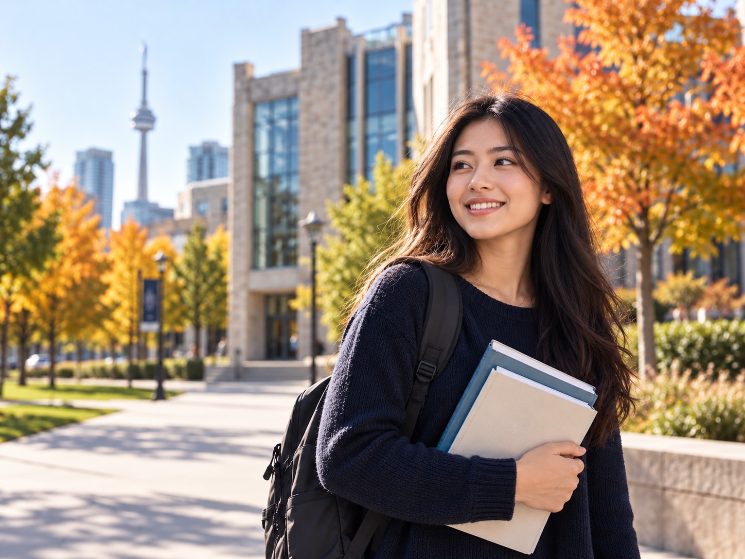 Student carrying books on a Toronto campus