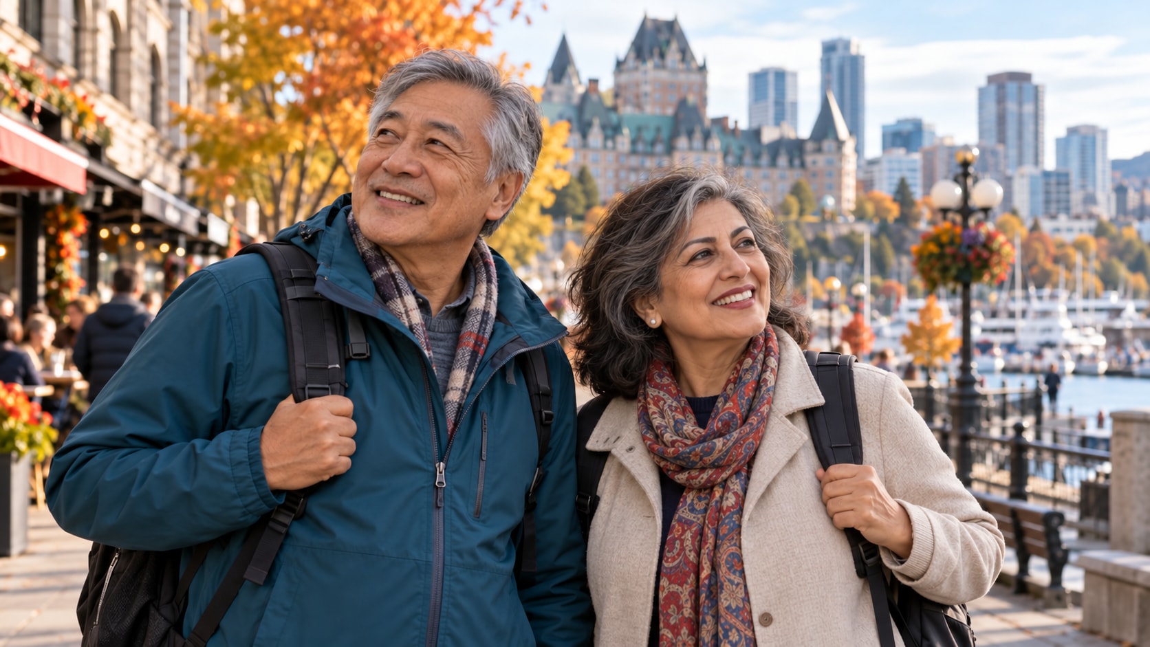 Two older travellers exploring a historic street in Quebec City